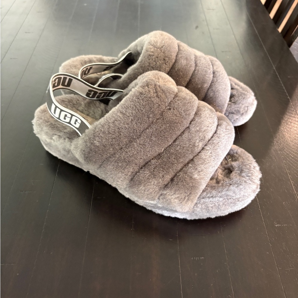 UGG Fluffy Gray Slide Slippers